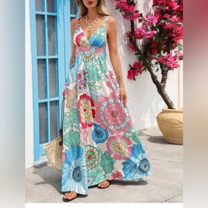 Boho V-Neck Long A-Line Floral Dress Multicolour